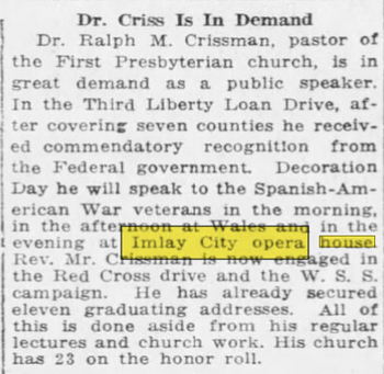 Imlay City Opera House - May 24 1918 Article (newer photo)